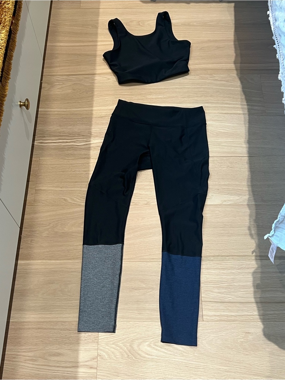 Outdoor Voices Colorblock Active Leggings and Tank Top Set - Black, Blue & Gray